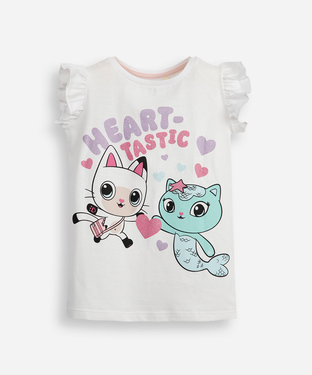 blusa infantil de algodão gatinho e sereia com glitter off white