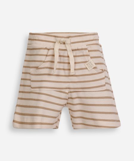short infantil de algodão listrado bolso canguru bege 0-3 short infantil de algodão listrado bolso canguru bege 0-3