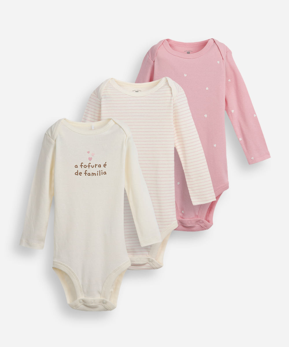 kit de 3 bodies infantis de algodão - multicor