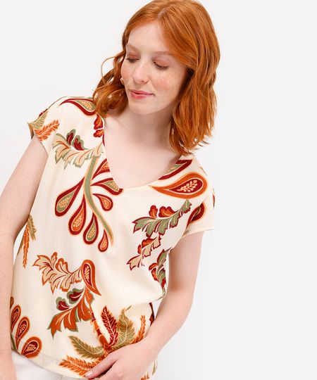 blusa feminina folhagens texturizada bege G