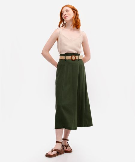 saia midi feminina com linho cintura alta verde 46
