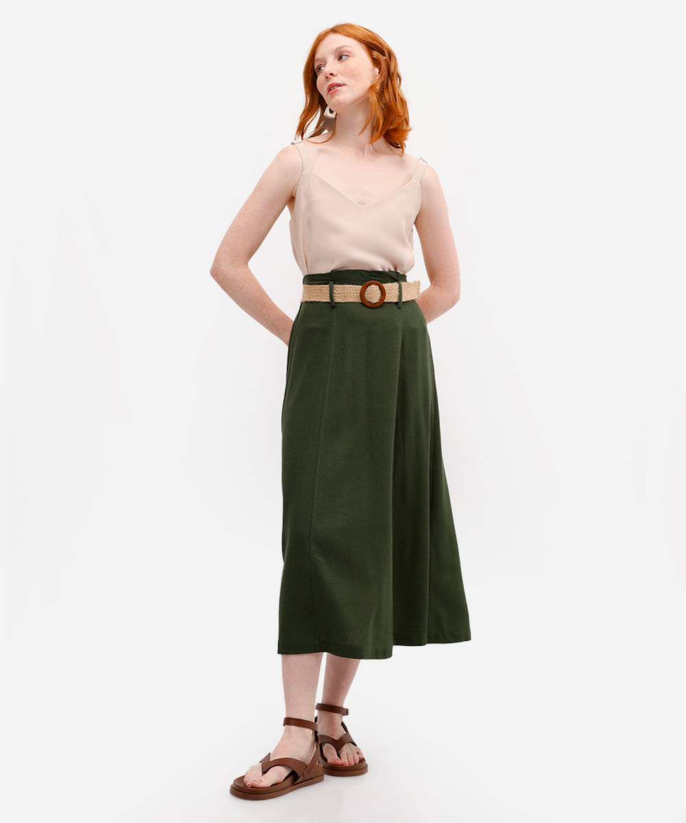 saia midi feminina com linho cintura alta verde