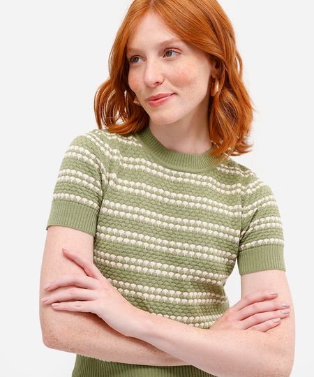 blusa feminina de tricot manga curta texturizada listrada verde P blusa feminina de tricot manga curta texturizada listrada verde P