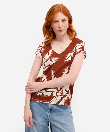 blusa feminina folhagens texturizada marrom M