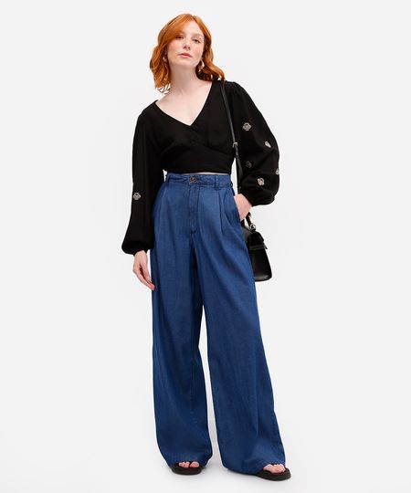 calça wide leg feminina jeans com pregas azul 40