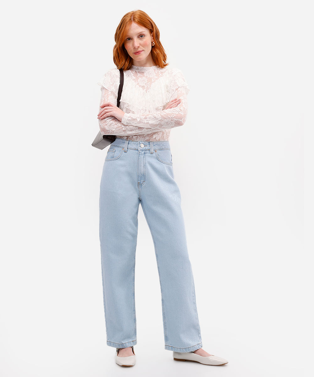 calça reta feminina jeans cintura alta azul