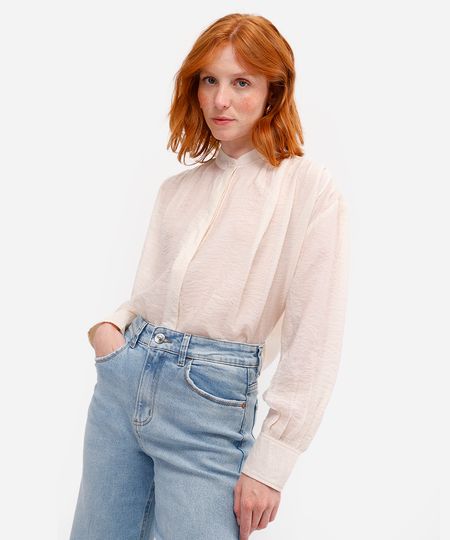 camisa feminina de viscose com pregas texturizada off white PP camisa feminina de viscose com pregas texturizada off white PP