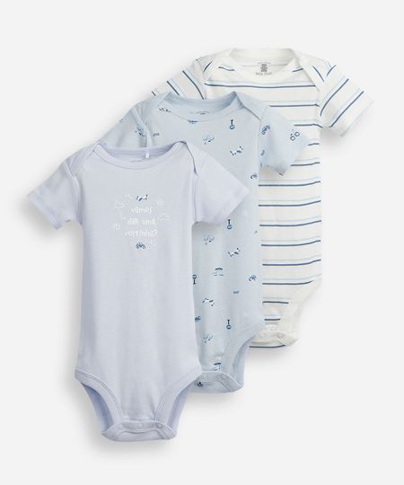 kit de 3 bodies infantis de algodão estampados coloridos 9-12 kit de 3 bodies infantis de algodão estampados coloridos 9-12