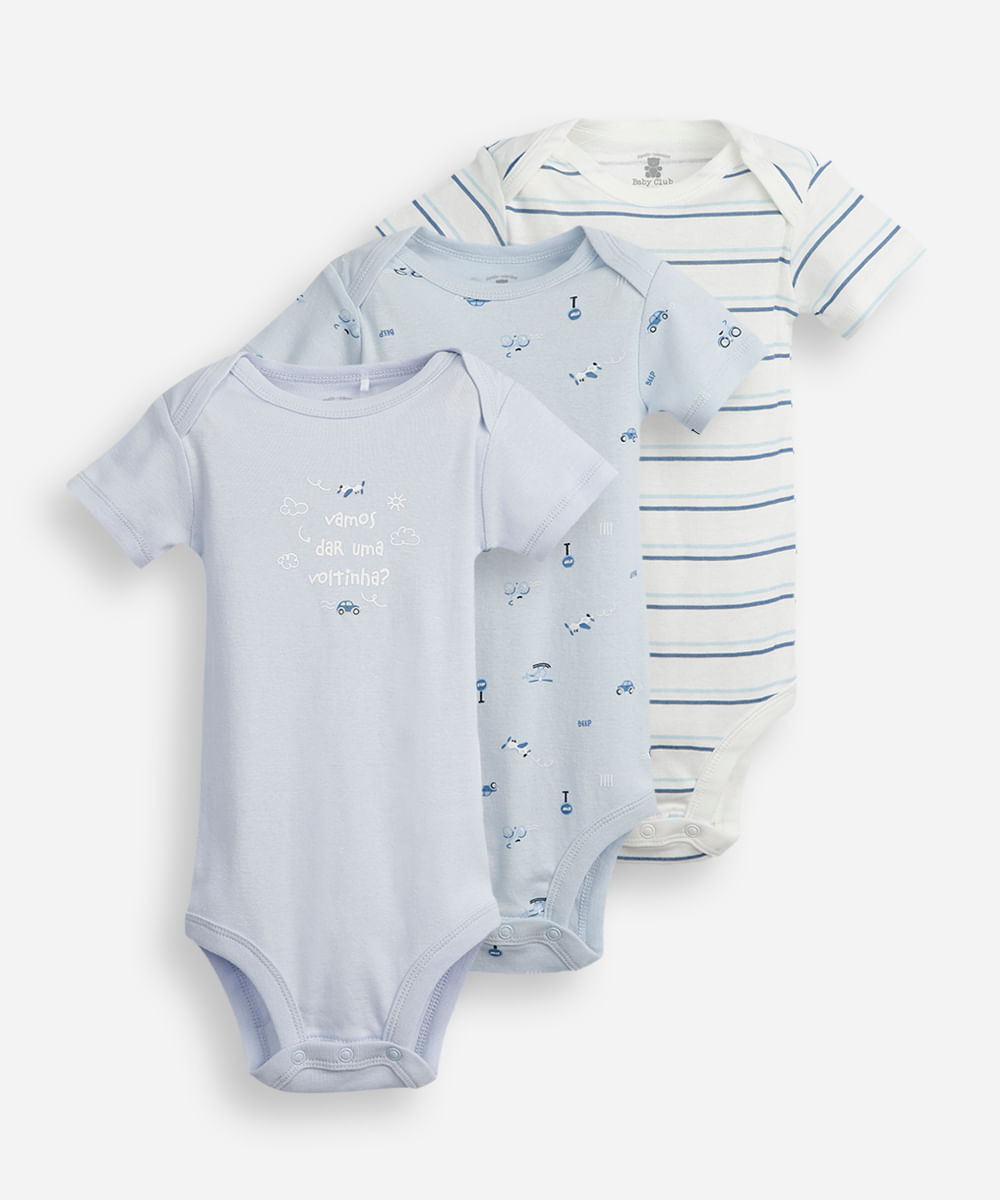 kit de 3 bodies infantis de algodão estampados coloridos