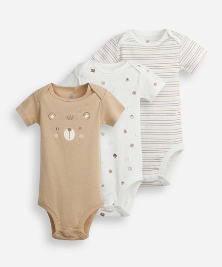 kit de 3 bodies infantis de algodão estampados colorido 6-9 kit de 3 bodies infantis de algodão estampados colorido 6-9