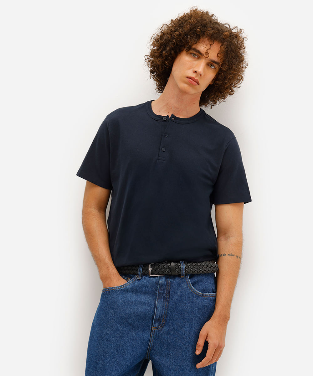 polo masculina gola padre com botão piquet azul