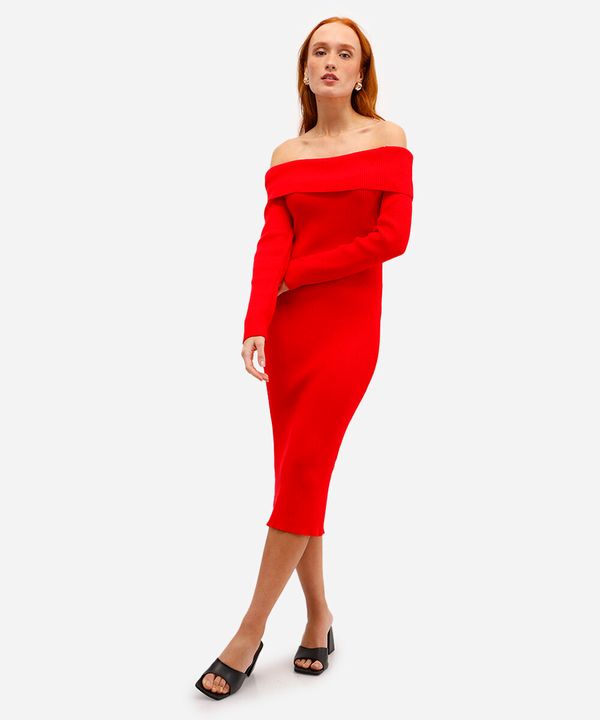 vestido ombro a ombro feminino de tricot canelado vermelho P