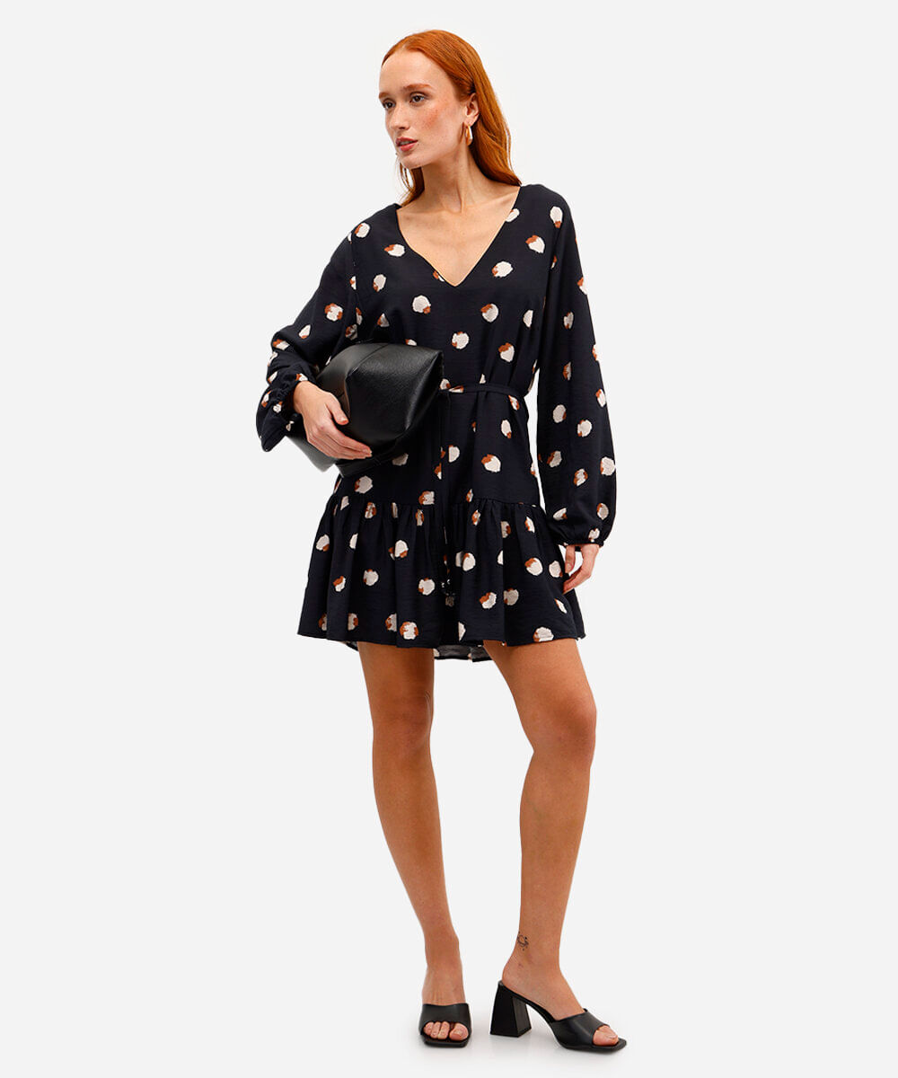 vestido curto feminino de viscose poá com babado preto