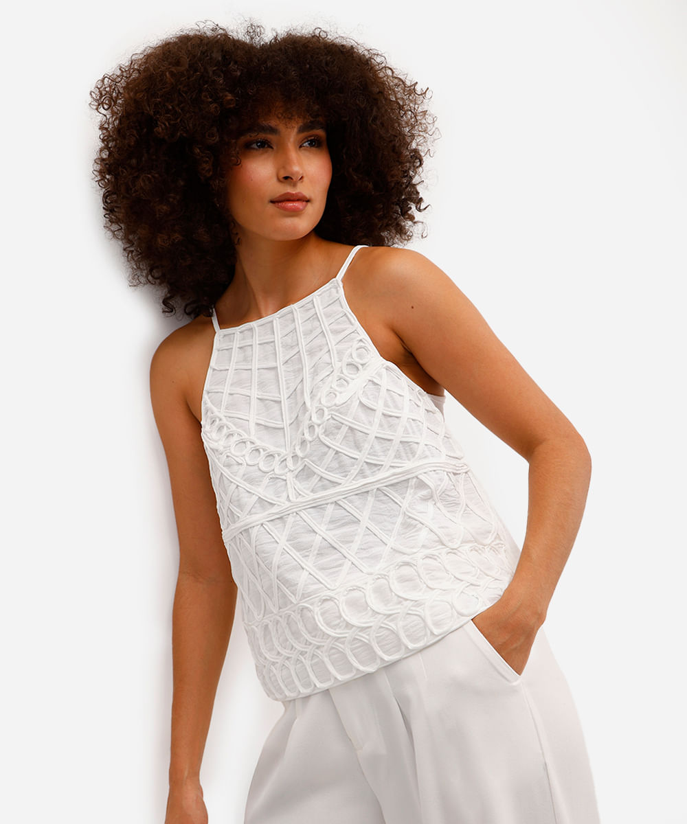 blusa feminina alça fina bordada texturizada off white