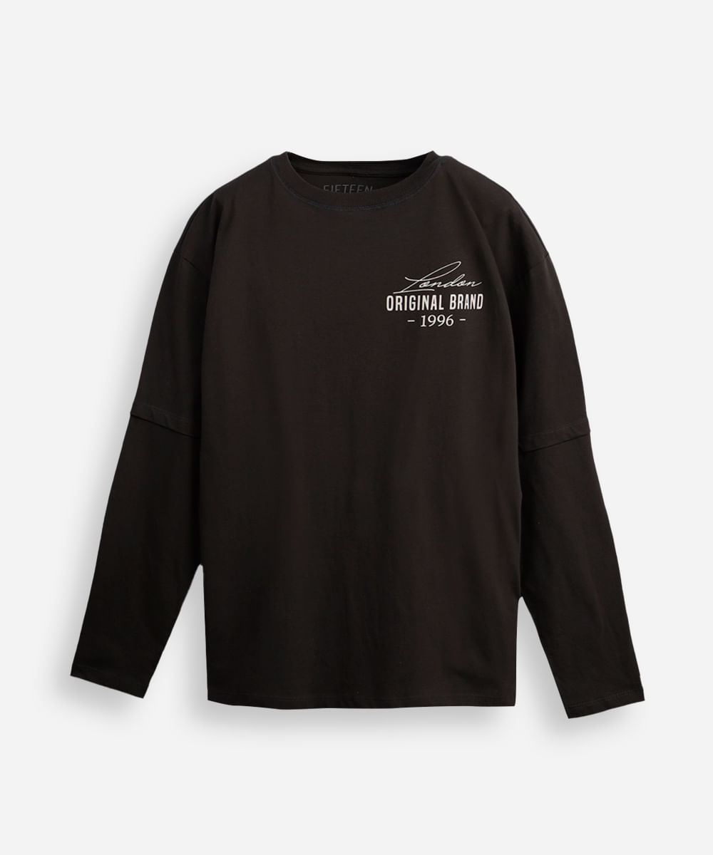 camiseta juvenil de algodão estampada manga longa cinza