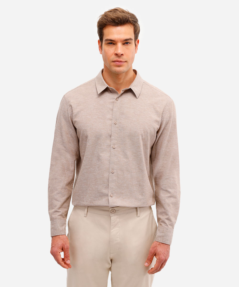 camisa de linho e algodão manga longa verde médio - kaki escuro