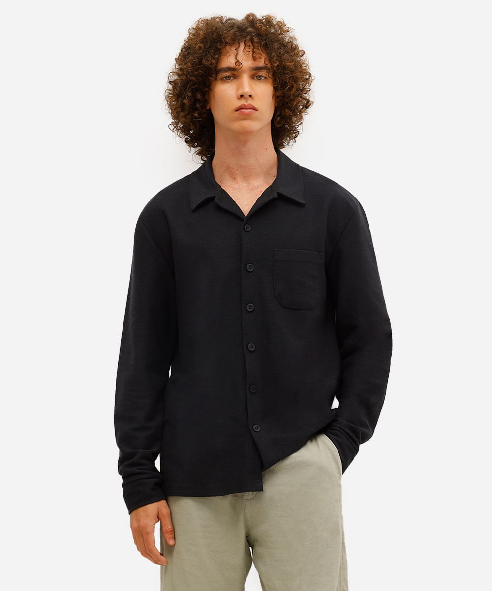 camisa masculina manga longa texturizada preta