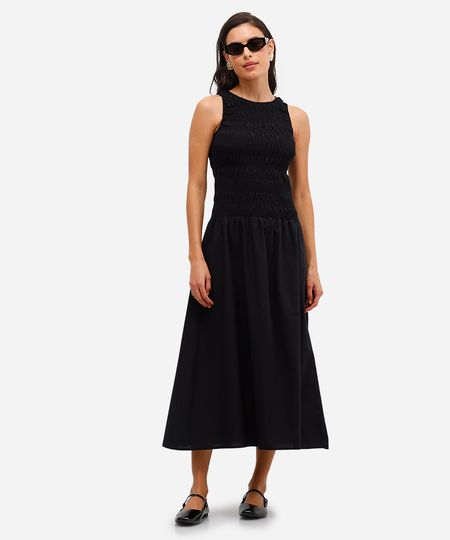 vestido midi de algodão franzido preto P