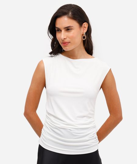 blusa feminina decote redondo franzida off white PP blusa feminina decote redondo franzida off white PP