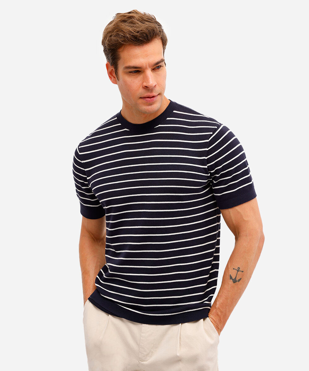 camiseta masculina de tricot listrada azul