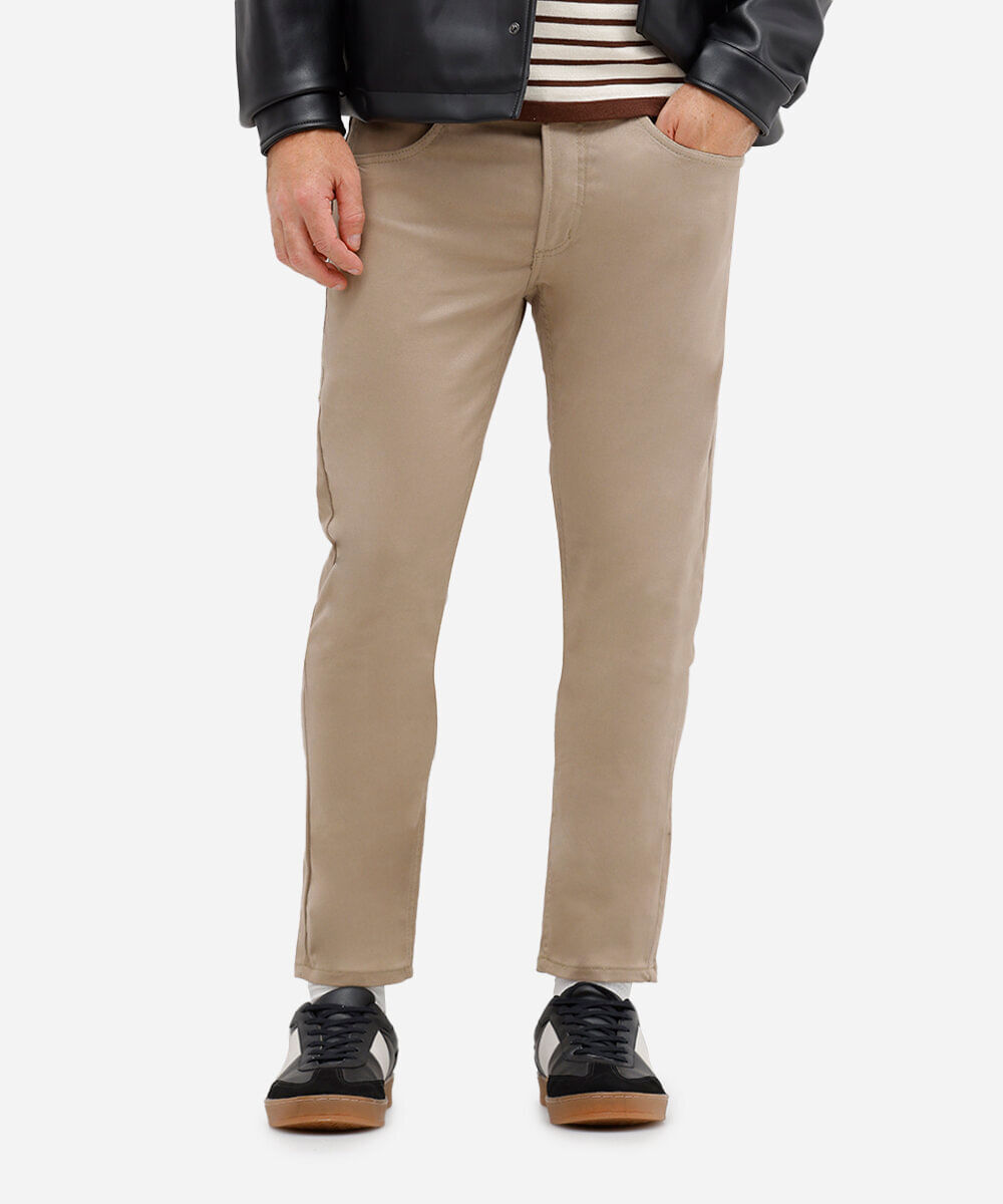 calça de sarja skinny stretch bege claro
