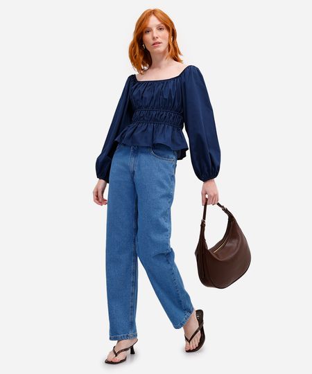 calça reta feminina jeans cintura alta azul 42