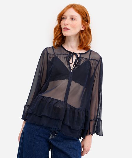 bata feminina de tule com babados azul PP bata feminina de tule com babados azul PP