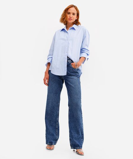 calça wide leg feminina jeans com brilhos azul 40