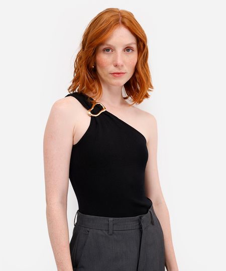 blusa ombro único feminina de tricot com fivela preta G