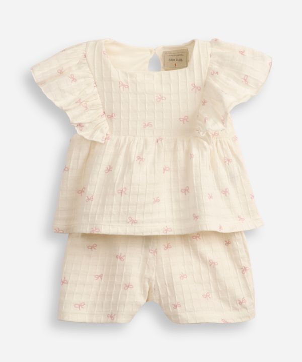 conjunto curto infantil de algodão laços texturizada off white 1