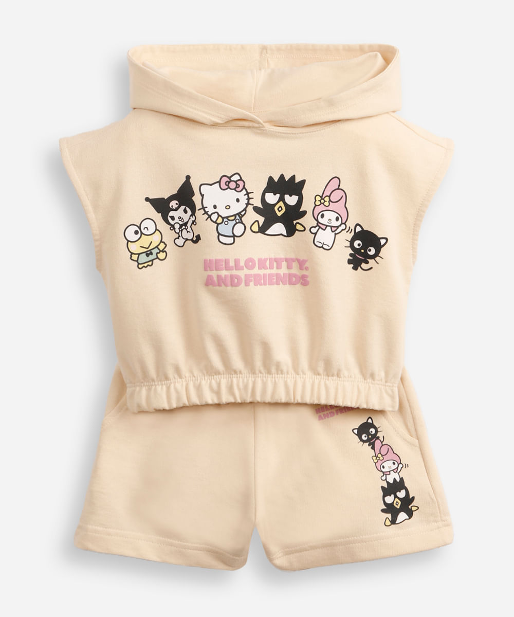 conjunto infantil de moletom sem felpa hello kitty com capuz bege