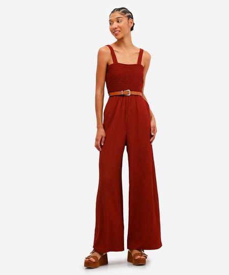 macacão wide leg feminino texturizado vinho M