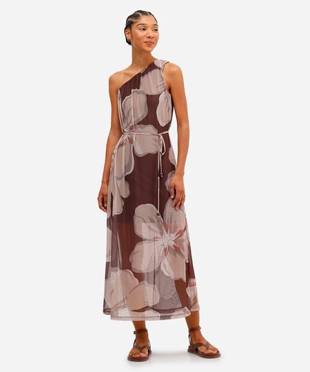 vestido ombro único feminino de tule floral marrom PP