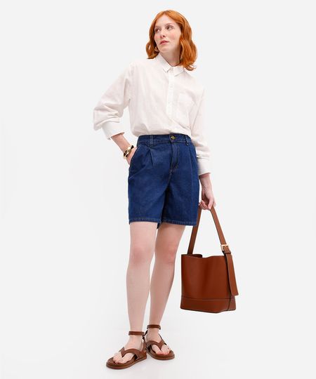 bermuda feminina de alfaiataria jeans cintura alta azul 34