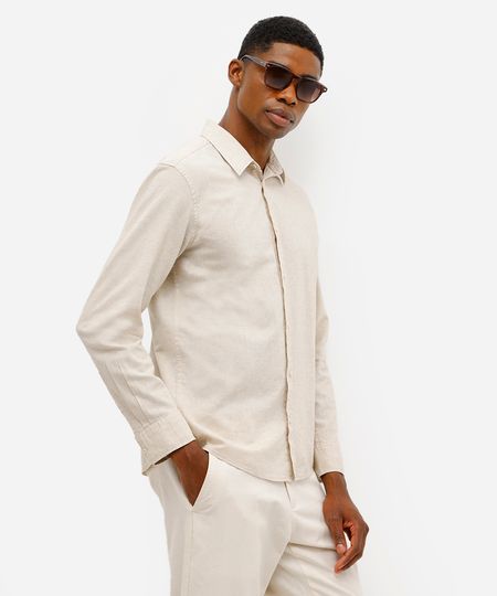 camisa masculina de linho e algodão manga longa bege P