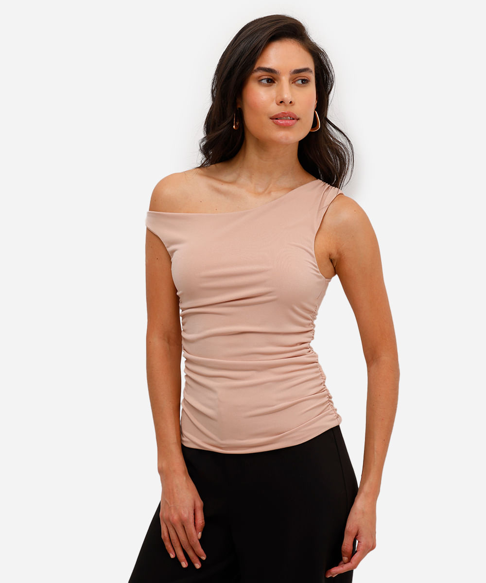 blusa feminina franzida assimétrica bege
