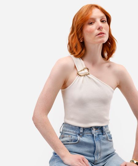 blusa ombro único feminina de tricot com fivela off white G
