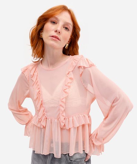 bata feminina de tule com babados rosa M bata feminina de tule com babados rosa M