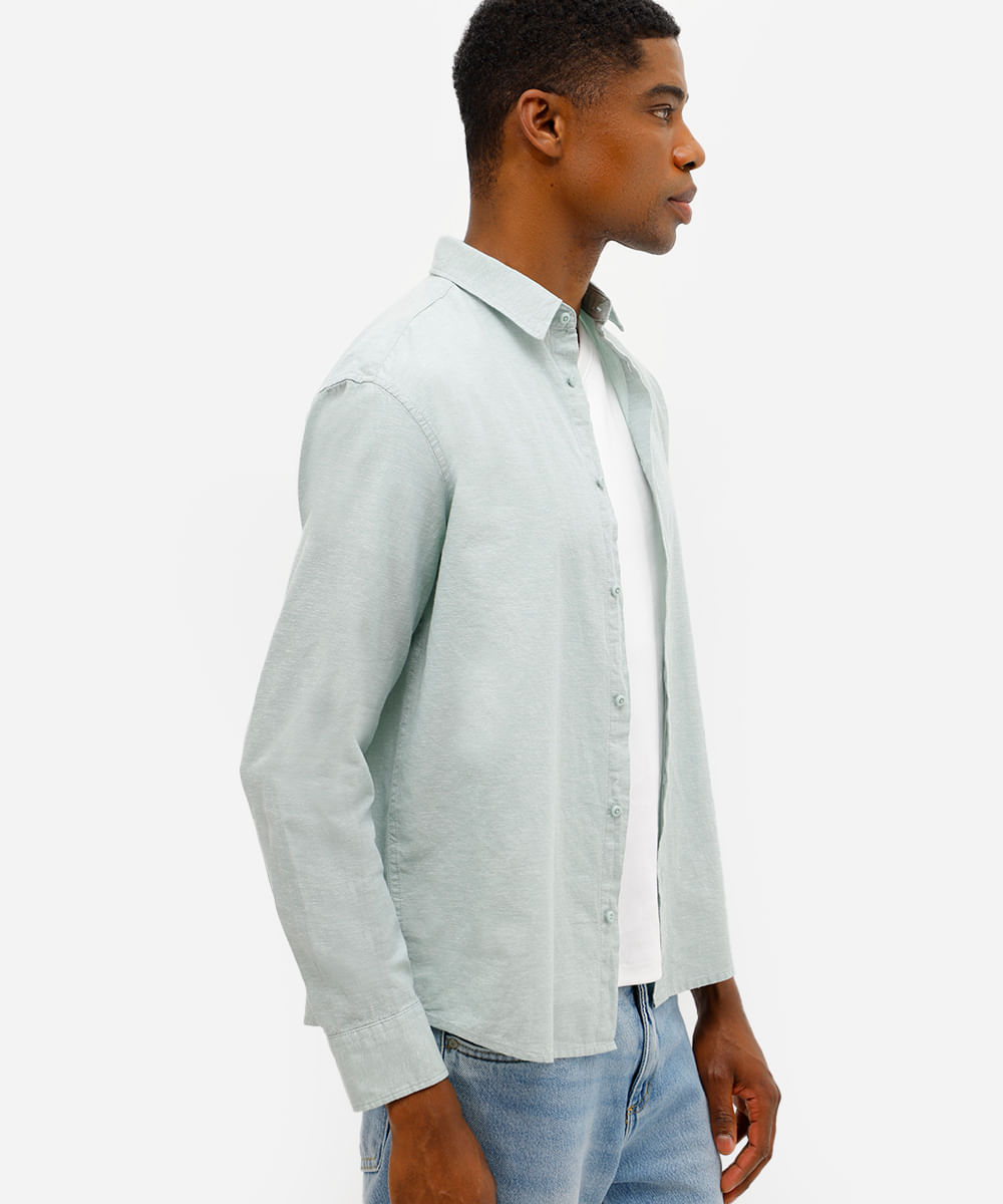 camisa masculina de linho e algodão manga longa verde