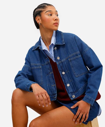 jaqueta feminina cropped jeans com pregas azul PP jaqueta feminina cropped jeans com pregas azul PP