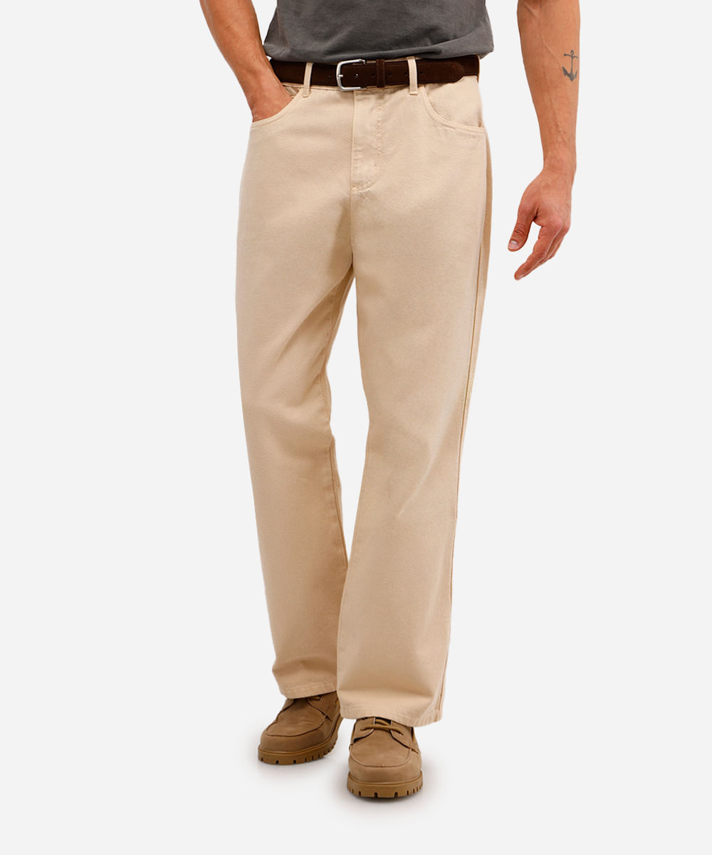 calça wide leg masculina de sarja bege