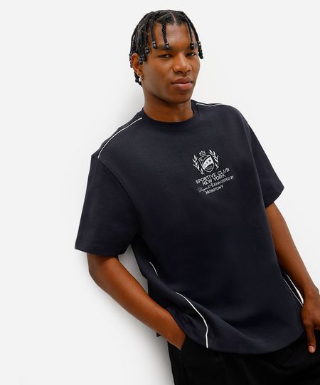 camiseta masculina de algodão com bordado preta G camiseta masculina de algodão com bordado preta G