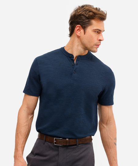 polo masculina de algodão gola padre texturizada azul M polo masculina de algodão gola padre texturizada azul M