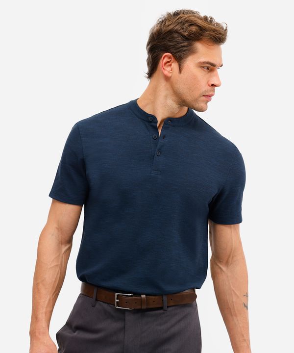 polo masculina de algodão gola padre texturizada azul GG