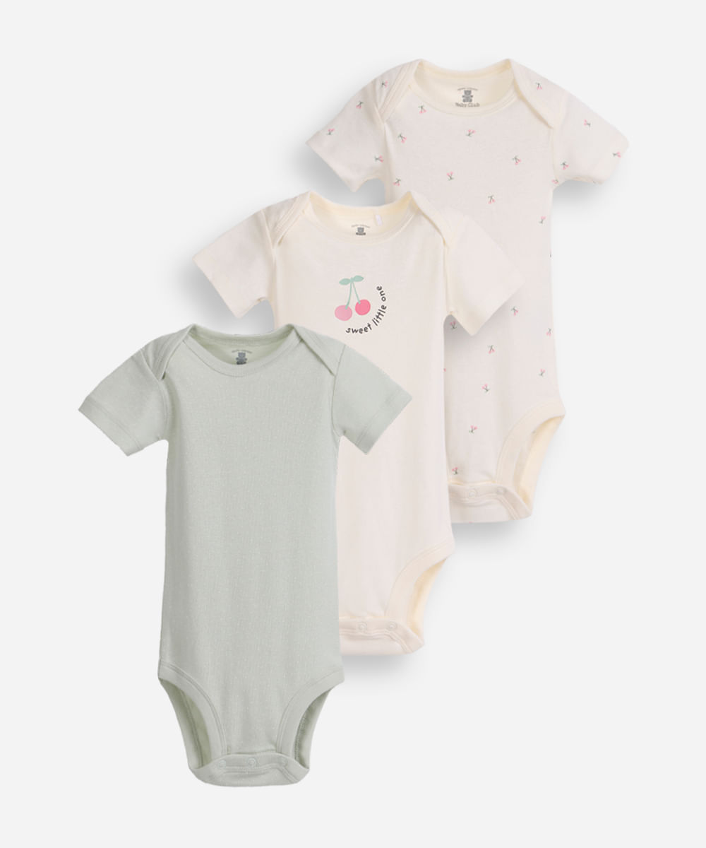 kit de 3 bodies infantis de algodão estampado colorido