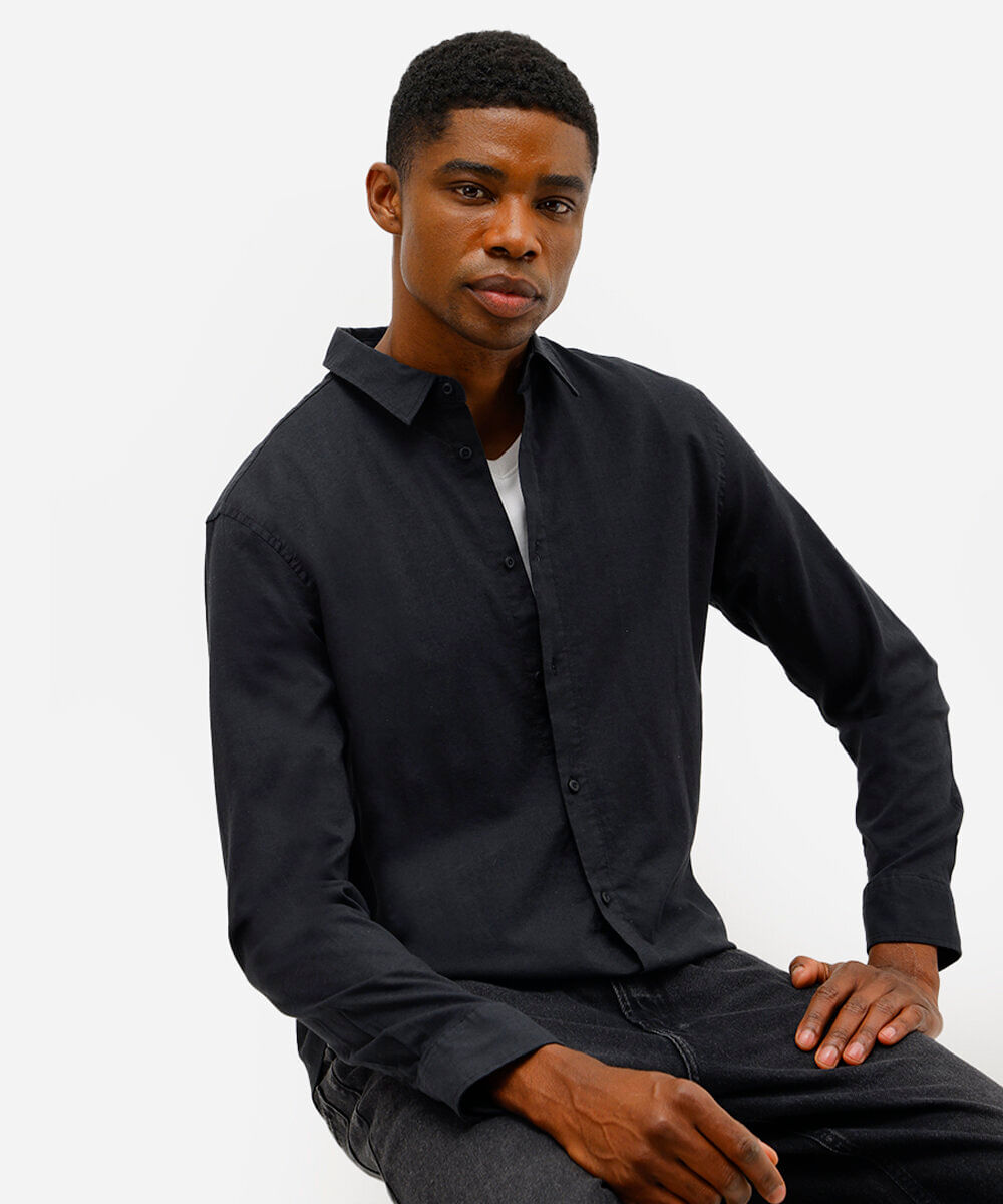 camisa masculina de linho e algodão manga longa preta