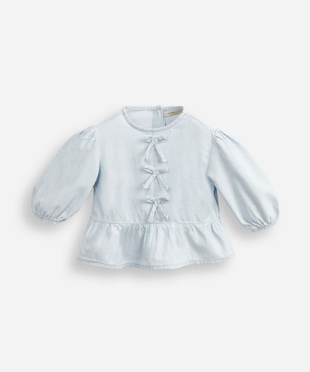 blusa infantil jeans manga bufante com laços azul 4 blusa infantil jeans manga bufante com laços azul 4