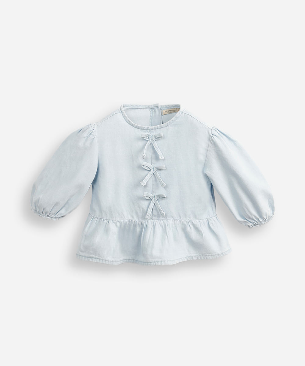 blusa infantil jeans manga bufante com laços azul
