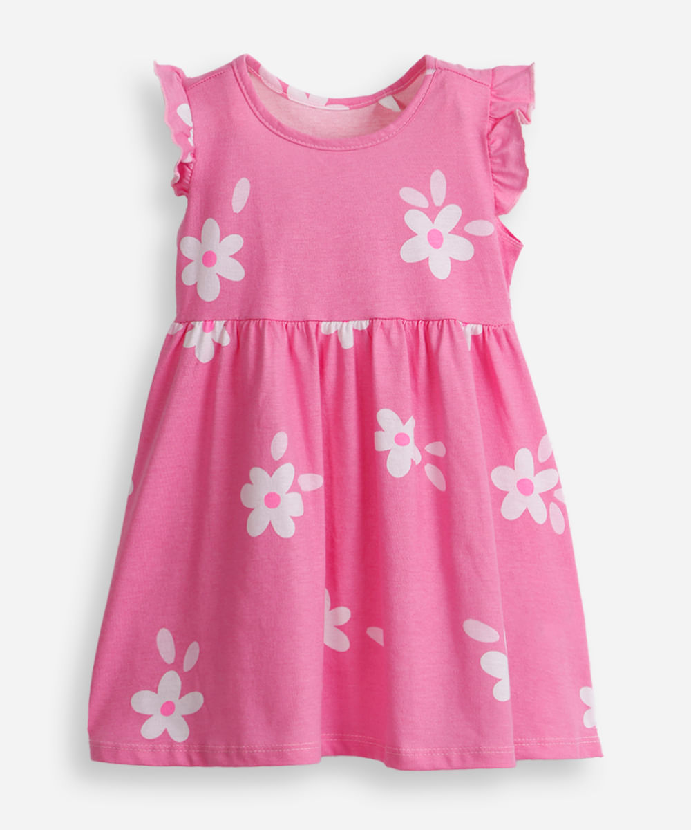 vestido infantil de algodão com babado floral rosa