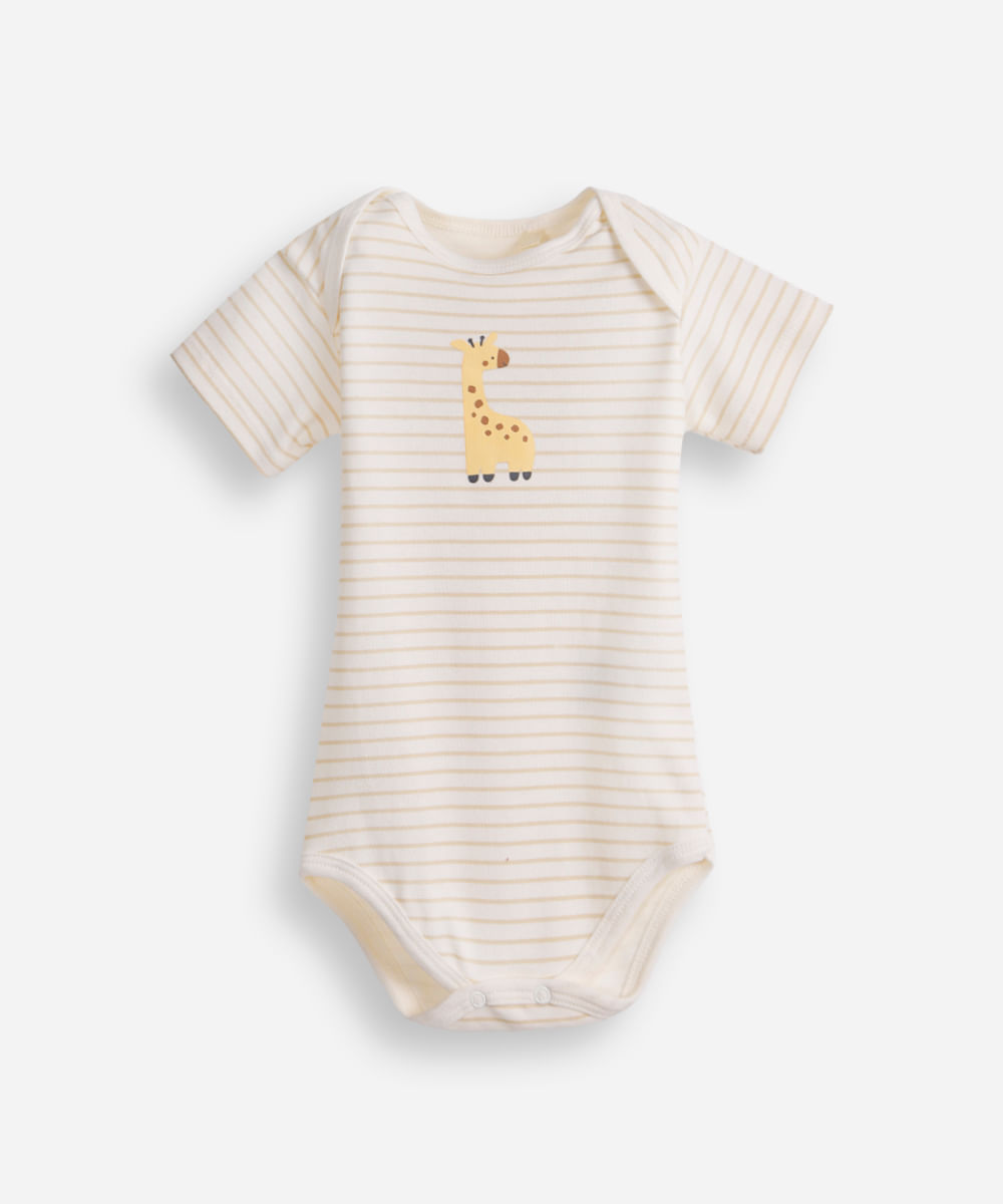 body infantil de algodão manga curta girafa listrado off white